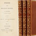 This is an example of the first edition of Pride and Prejudice. The novel was published (as were all books) without covers which became the responsibility of the purchaser. This set was apparently purchased by someone quite well-to-do.